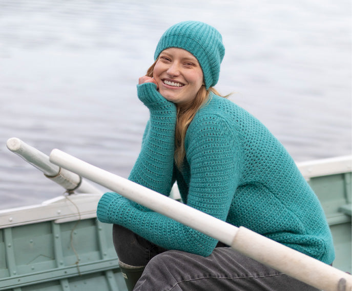 Fisherman Out Of Ireland Eyelet Stitch Boatneck Sweatshirt - Emerald